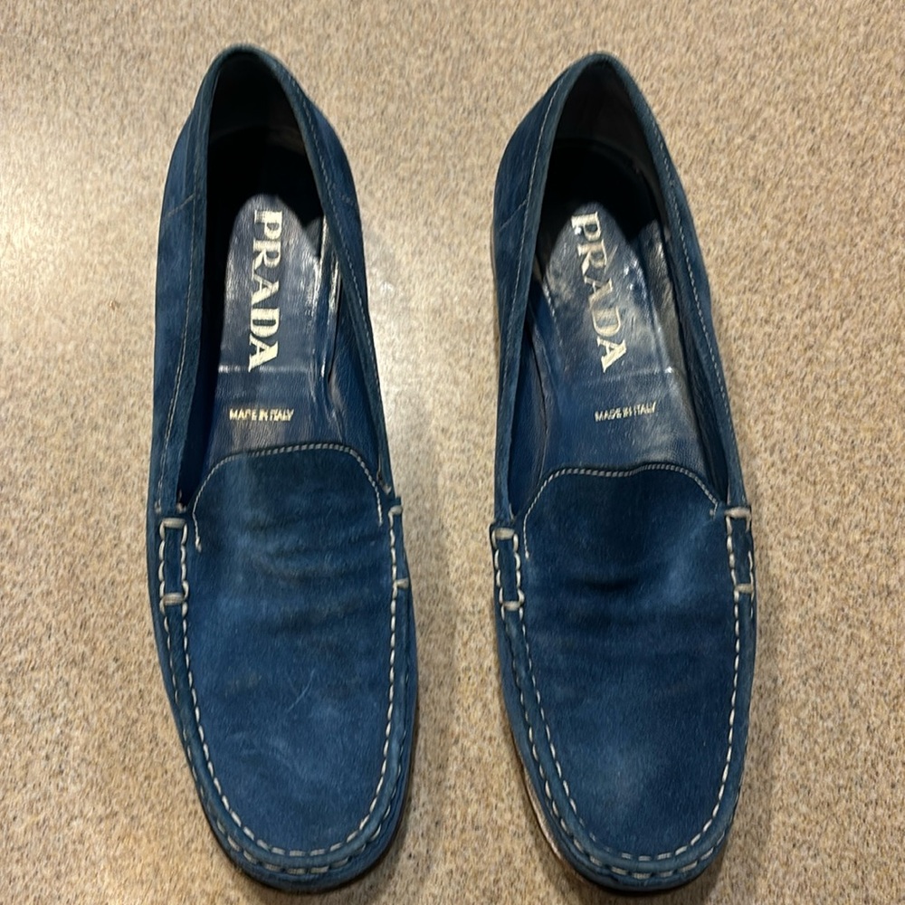 Prada Women’s Peacock Blue Suede Loafers